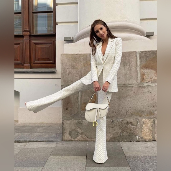 NADINE MERABI MEGHAN White Beige Flare Embroidered Sequin Velvet Trousers Pants - Picture 7 of 16